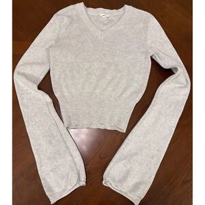 GARAGE Grey Ribbed V Neck Cropped Bell Sleeve Sweater TP/XS